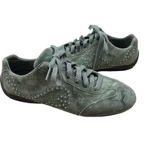 Y2K sage green Puma suede sneakers trainers girly rhinestones